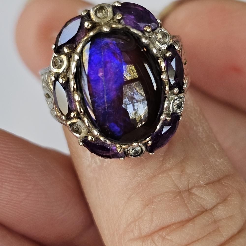 Vintage ✨️ Ammolite & Amethyst Ring in Palladium Sterling Silver Sz 6! - Picture 4 of 12